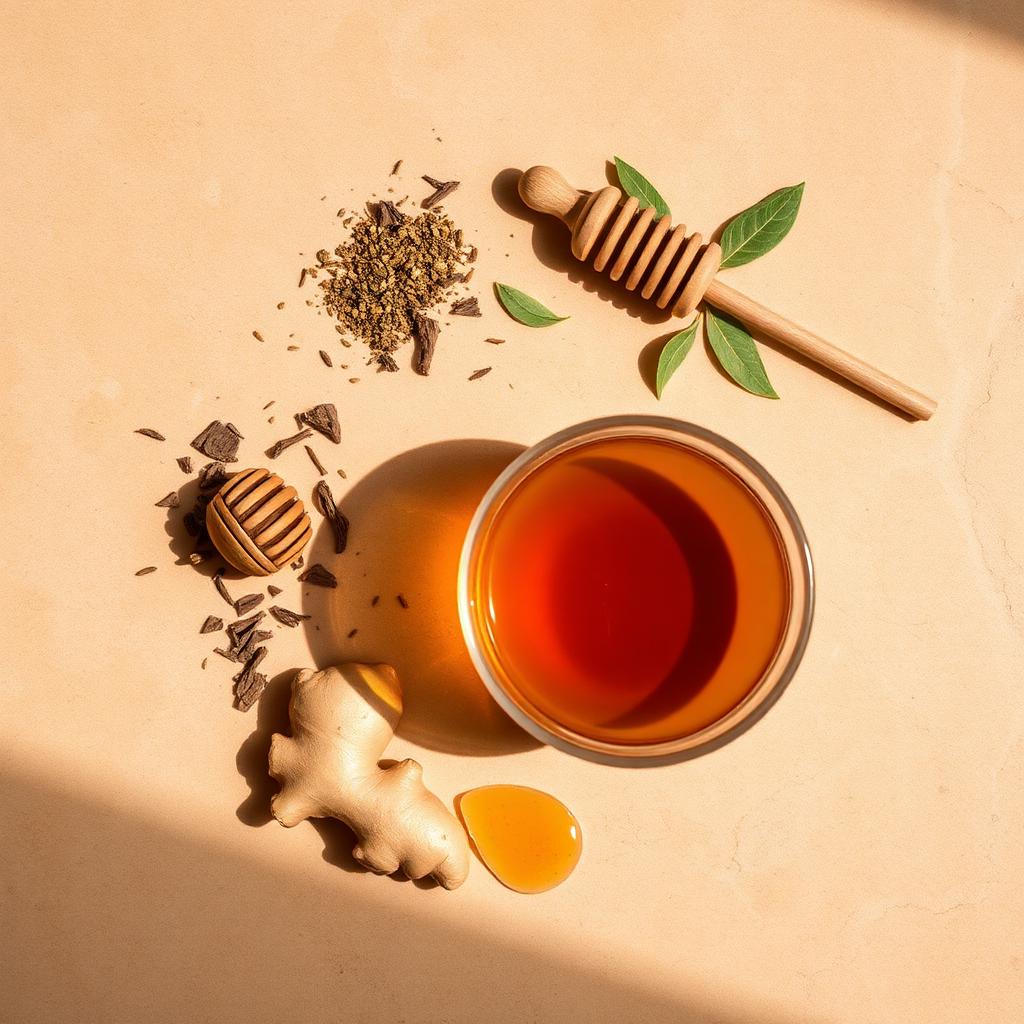 Infusion détox au gingembre, plantes séchées et miel vue de dessus